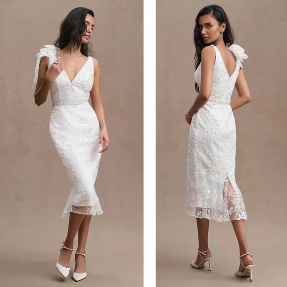 Mac Duggal Natalie V-Neck Beaded Embroidered Sleeveless Midi Dress 4 White NWT - Picture 1 of 13